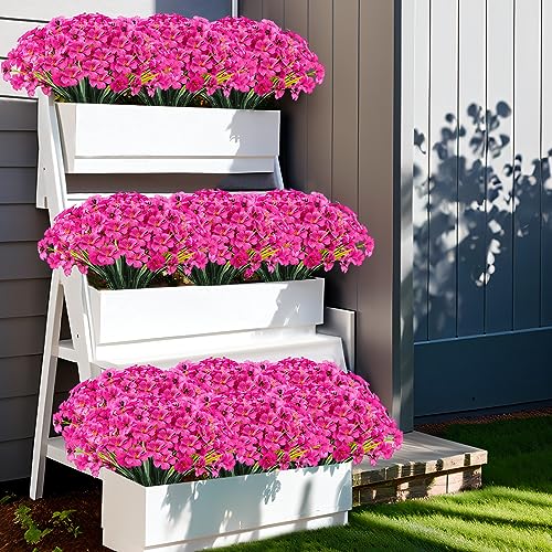Kinisty 20 Bundles Outdoor Artificial Flowers UV Resistant with Faux Silk Flowers and No Fade Fake Plastic Plants for Spring Summer Outside Planters Porch Window Box Garden Decor, Fuchsia - color: Rose Red