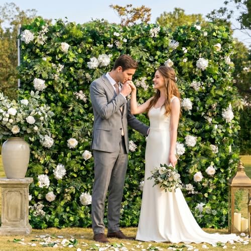 rosemorning 8x8FT Green Artificial Flower Wall Backdrop,5D Silk Flower Wall Panel for Wedding Party Birthday Baby Shower Photo Booth Decor Easy to Install Reusable - color: Sandelwood-Green, size: 8Ft*8Ft