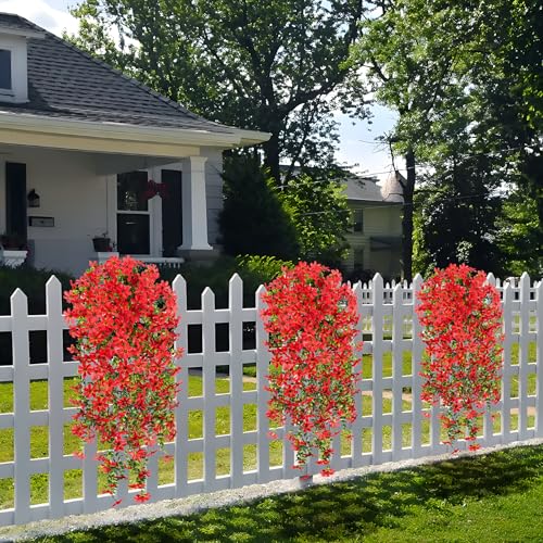 Hrobek 2 PCS Artificial Hanging Flowers Outdoor Spring Summer Decoration, Fake Hanging Vine Plants UV Resistant, Faux Daisy Flower Eucalyptus for Outside Home Indoor Porch - color: B-red