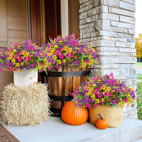 Alupssuc 24 Bundles Artificial Flowers for Outdoors Planters Spring Decoration, UV Resistant Faux Eucalyptus Violet and Lavender Silk Fake Plants for Outside Indoor Yard Home Patio Decor, Mix 3 Colors - color: Yellow Rose Purple