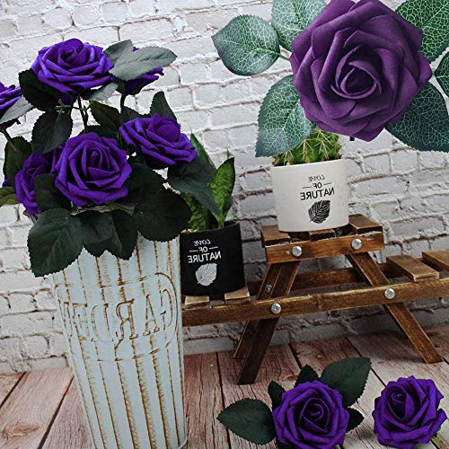 Higfra Artificial Flowers 25pcs Real Looking Dark Purple Foam Fake Roses with Stems for DIY Wedding Bouquets White Bridal Shower Centerpieces Arrangements Mothers Day Party Tables Decorations - color: Dark Purple, size: 25Pcs