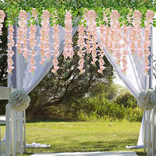 U'Artlines 24 Pack(Total 43.2 Feet) Artificial Fake Wisteria Vine Rattan Hanging Garland Silk Flowers String Home Party Wedding Decor (24, Light Pink) - color: Light Pink