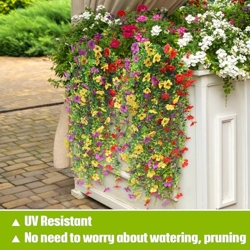 6 Pcs Fall Artificial Hanging Flowers Outdoor Faux Silk Mum Plant Decor Violet with Eucalyptus Realistic UV Resistant Trailing Vine Fall Porch Yard(Classic Color,Violet) - color: Classic Color, style: Violet