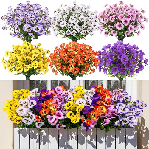 CEWOR Artificial Flowers for Outdoor Indoor, Fake Silk Pansy with Eucalyptus Leaves, Faux Flower for Garden Front Door Porch Planter Patio Home Decor (24 Bundles, Yellow White Purple Pink Orange Blue) - color: 6 Color Pansy