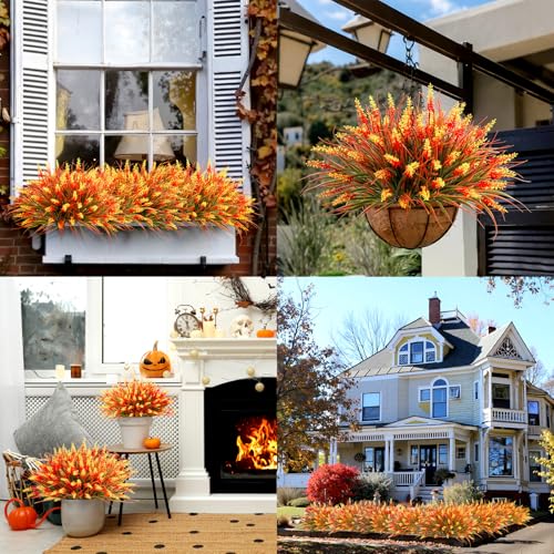 Artificial Fall Flowers for Outdoors, 24 Bundles Lavender Fake Mums Plants UV Resistant Plastic Faux Flowers with Monkey Grass for Home Porch Garden Planters Window Box Autumn Thanksgiving Decorations - color: Orange, size: 24 Bundles