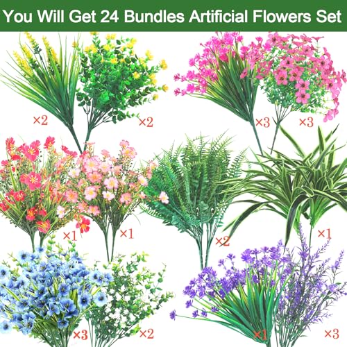 LELEE 24 Bundles Artificial Flowers for Outdoors Fake Silk Flowers Plants UV Resistant Faux Boston Fern Greenery Stems for Spring Garden Indoor Hanging Front Porch Patio Window Box Planter Decor - color: Artificial Flowers for Outdoors