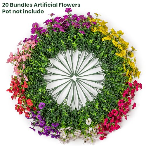 Lnoicy 20 Bundles Artificial Flowers for Outdoor Fake Plants for Spring Decoration,Faux Eucalyptus Flowers for Planter UV Resistant Lifelike for Home Porch Garden（7 Color） - color: 7 Color