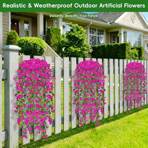 Artificial Hanging Flowers for Outdoors, 4Pcs UV Resistant Artificial Hanging Morning Glory Flowers, Spring Realistic Faux Outdoor Flower for Porch Patio Yard Garden Farmhouse Decor (Fuchsia) - color: Fuchsia