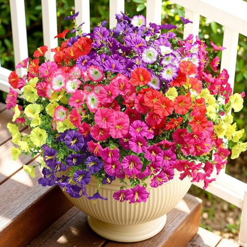 Alupssuc 24 Bundles Artificial Flowers for Outdoors, Faux Spring Flowers for Decoration, UV Resistant Silk Morning Glory with Eucalyptus Realistic Fake Flowers for Yard Planter Porch Garden, 8 Colors - color: Deeppurple, Magenta, Purple, Red, Fuchsia, Yel