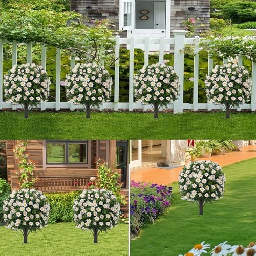 Set of 2 Artificial Cypress Topiary Ball Trees with White Mum Flowers, 24" H UV Resistant Faux Outdoor Plants with 7" H Ground Spike, Fake Round Shrubs for Porch, Patio, Garden Decor - color: Boxwood-daisy
