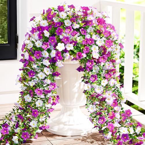 Waipfaru 4 Pcs Artificial Hanging Flowers for Outdoors, Fake Hanging Plants for Outdoor, UV Resistant Silk Faux Violet Flowers Spring Summer Decor for Planter Porch Patio Indoor Decoration, Fuchsia - color: Fuchsia