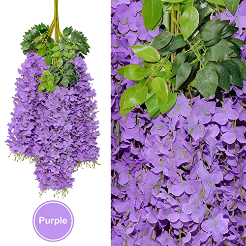 U'Artlines 24 Pack (Total 86.4 Feet) Artificial Fake Wisteria Vine Rattan Hanging Garland Silk Flowers String Home Party Wedding Decor (24, Purple) - color: Purple