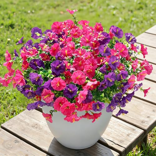 Alupssuc 24 Bundles Artificial Flowers for Outdoors, Faux Spring Flowers for Decoration, UV Resistant Silk Morning Glory with Eucalyptus Realistic Fake Flowers for Yard Planter Porch, Purple Fuchsia - color: Deeppurple & Fuchsia