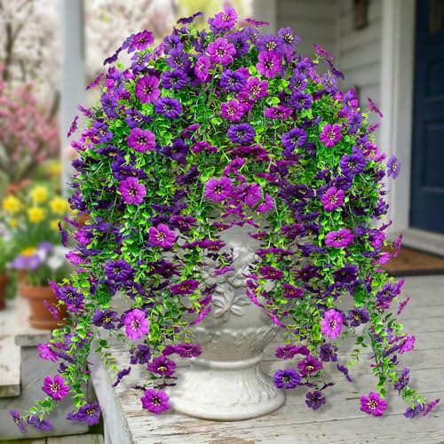 4Pcs Artificial Flowers Hanging Garden Decoration Outdoors Spring Realistic Plants Silk Flower Summer Fake Flowers for Porch Patio Balcony Planter Yard (Purple+Violet) - color: Purple+violet