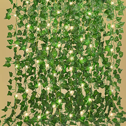 RECUTMS Ivy Fake Vines 24 Pack 173 FT Artificial Vine with 200 LED String Light Leaves Wall Decor Leaf Plants Greenery Garland Hanging Plant for Aesthetic Room Garden Office Wedding Decorations - color: Green-24 Light