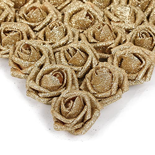 IPOPU Glitter Roses,25PCS Gold Roses Artificial Flowers Fake Rose with Stem for DIY Wedding Bridal Bouquet Home Party Decoration(Gold) - color: Gold