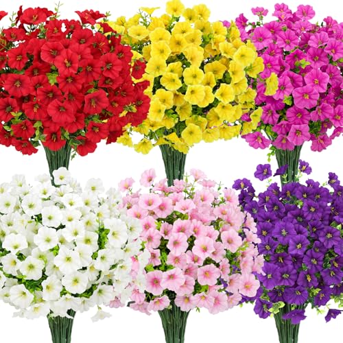 Roberly 12 Bundles Artificial Flowers for Outdoors, Fake Flowers Silk Morning Glory with Eucalyptus UV Resistant Faux Plants for Spring Summer Garden Outside Porch Patio Yard Home Decor, Multi