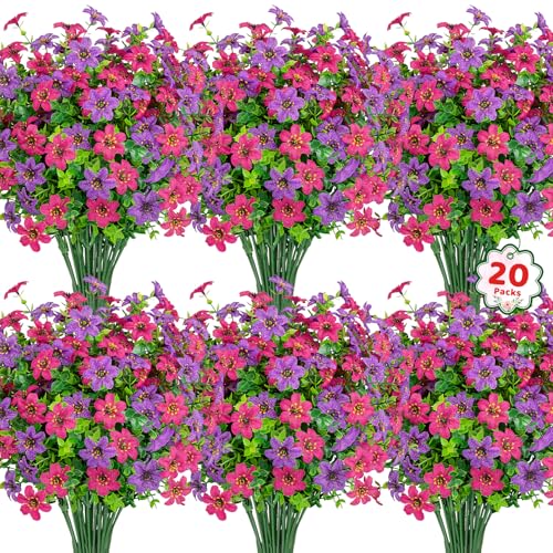 20 Bundles Artificial Flowers for Outdoors, Fake Silk Flowers UV Resistant Faux Realistic Plastic Plants for Spring Summer Porch Patio Garden Planter Window Box Home Decor, Purlple Fuchsia - color: Purlple Fuchsia