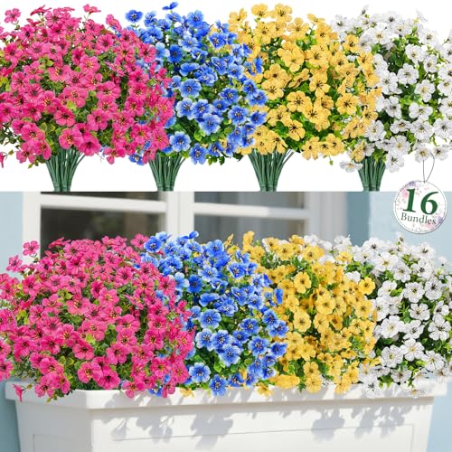 Bassion Artificial Flowers for Outdoors, 16 Bundles UV Resistant Fake Flowers Realistic Silk Faux Plants for Outdoor Planter Window Box Porch Patio Garden Home Outside Decorations - color: Fuchsia Blue Yellow White