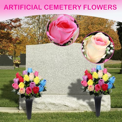 Lodou Set of 2 Artificial Cemetery Flowers, Memorial Flowers Bouquet,Grave Memorial Flowers with Vase for Cemetery Headstones Decoration (Color) - color: Color