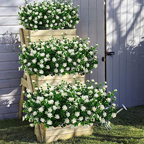 Grunyia 10 Bundles Artificial Fake Flowers, Faux Outdoor Plastic Plants UV Resistant Shrubs Outside Indoor Decorations (White-Eucalyptus) - color: White-eucalyptus