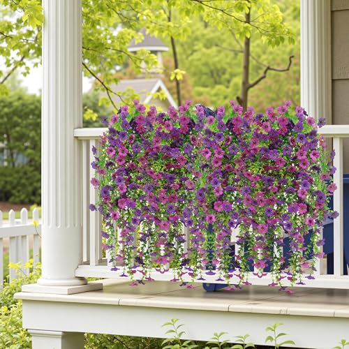 Artificial Hanging Fake Flowers Plants Spring Summer Decoration for Outdoor, 4PCS Faux Silk Daisy UV Resistant for Outside Realistic plastic Flowers Home Porch Patio Balcony Yard Decor(Double Purple) - color: Doublepurple