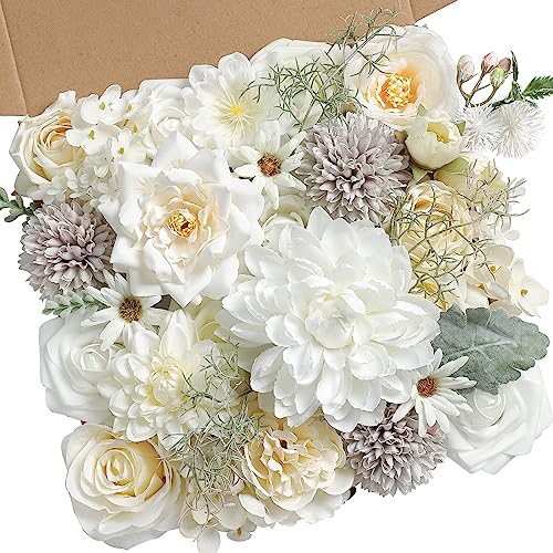 White Artificial Flowers Combo Box Set Fake Flowers Bulk Flower Leaf with Stems for DIY Wedding Bouquets Centerpieces Baby Shower Party Home Decorations - color: White & Sage
