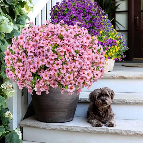 AXYLEX Artificial Flowers for Outdoors Fake Plants - 16 Bundles Faux Outside Greenery Boxwood No Fade Plastic Shrubs Fall Decor Farmhouse Home Garden Thanksgiving Mums (Pink) - color: Pink