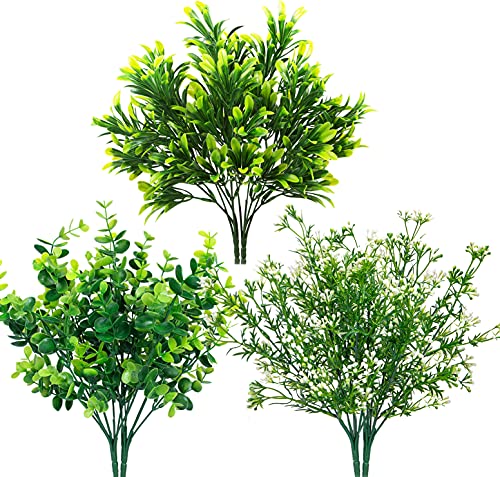 Ouddy Decor 6 Bundles Artificial Greenery Stems Mixed Fake Plants Eucalyptus Stems Babys Breath Faux Plastic Artificial Plants & Flowers for Outdoor Indoor Garden Home Window Box Decor - color: White