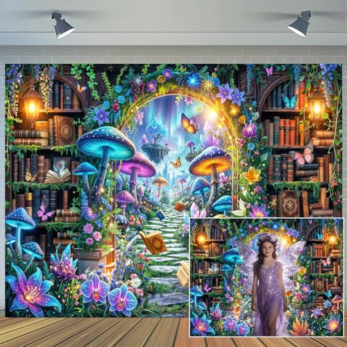 5X3ft Fantasy Library Garden Backdrop Enchanted Archway Glowing Mushrooms Flowers and Floating Books Magical Fairy Forest Photography Background for Birthday Party Photo Booth Studio Decor - color: Multi11, size: 5X3FT