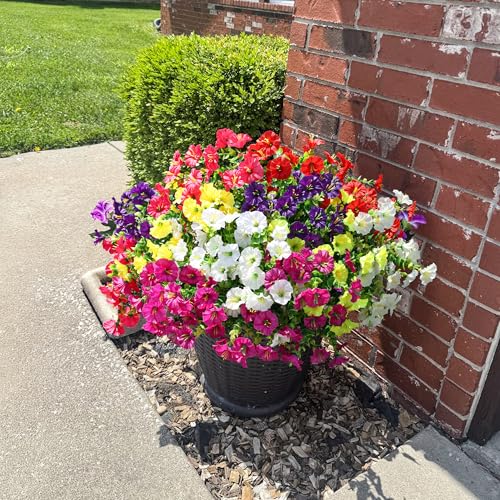 HyeFlora Artificial Flowers for Outdoors Fake Plants Outside Decoration, 12 Bundles Silk Colorful Morning Glory with Eucalyptus UV Resistant Realistic Faux Flowers for Planter Porch Patio Yard Garden - color: Six Mixed(2 Purple, 2 Red, 2 Fuchsia, 2 Hot Pi
