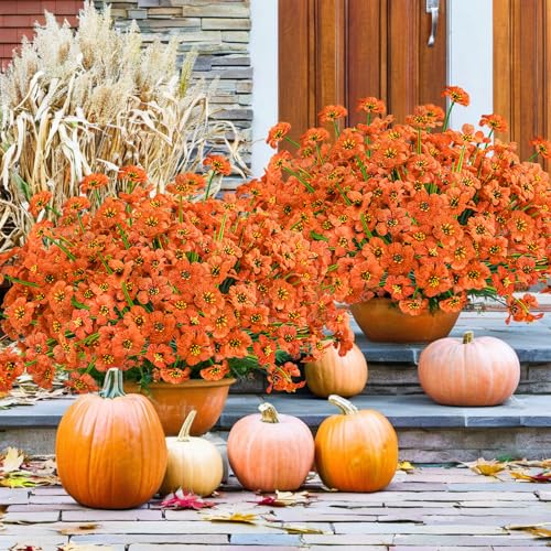 Krissing 48 Bundles Outdoor Artificial Flowers UV Resistant Fake Flowers Faux Plastic Flowers Plants Outside Garden Porch Window Box Fall Decor (Orange) - color: All Orange
