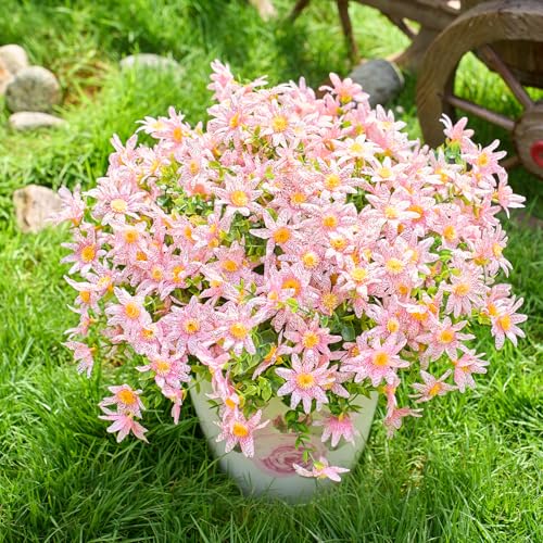 PONKING Artificial Flowers for Outdoors Patio Decoration 12 Bundles Fake Flower Daisy UV Resistant Faux Plants Yard Garden Porch Home Boxwood Planter Patio Mothers Day Decor, Light Pink Flower - color: D Light Pink Daisy 12pcs