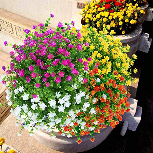 8 Bundles Outdoor Artificial Fake Flowers UV Resistant No Fade Boxwood Faux Plastic Plants for Garden Patio Porch Window Box Home Wedding Farmhouse Décor (White) - color: White