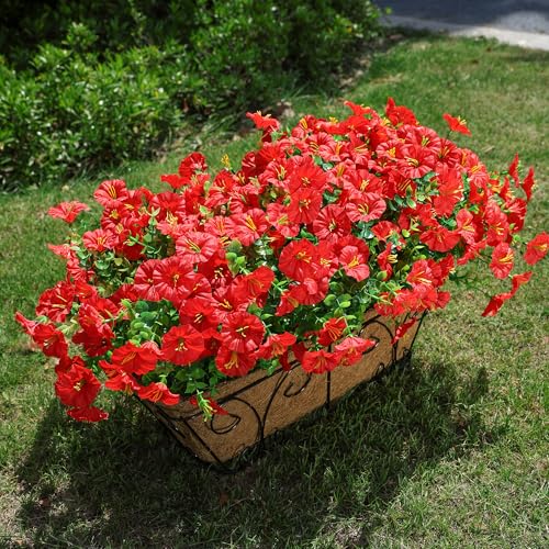 HyeFlora Artificial Flowers for Outdoors Fake Plants Outside Decoration, 12 Bundles Silk Red Morning Glory UV Resistant Look Real Faux Flowers for Planter Front Door Porch Patio Yard Gardens Balcony - color: Red