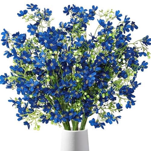 TOCHGREEN 10PCS Artificial Silk Flowers with Long Stems Faux Bulk Babys Breath Flowers Fake Silk Flowers Bouquet for Floral Arrangement Tall Vase Home Wedding Table Centerpieces Decor (Blue) - color: Blue
