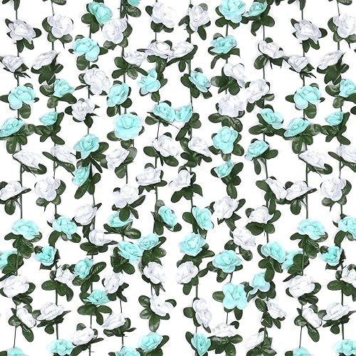 BLEUM CADE 12Pcs 98.4Ft Flower Garland Artificial Rose Vines for Bedroom, Cute Fake Hanging Flower Vines Floral Garland Decorations for Wedding Party Wall Room Decor Aesthetic - color: Blue & White, size: 12 Pcs