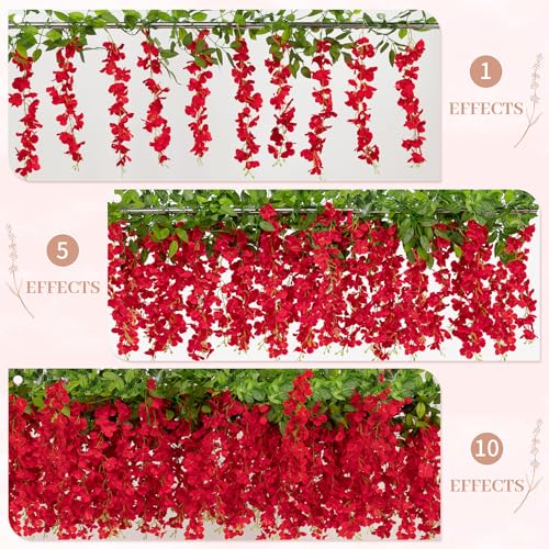 U'Artlines 10Pcs 7.2 Ft/Piece Artificial Wisteria Garland Silk Fake Red Wisteria Flowers Hanging Greenery Vines Garlands Rattan for Home Garden Wedding Arch Party Indoor Outdoor Décor - color: Red