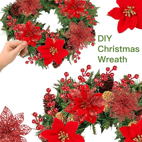 Sggvecsy 30 Pcs 3 Styles Christmas Glitter Poinsettia Flowers Artificial Berry Picks Christmas Tree Ornaments Artificial Christmas Flowers with Clips for Xmas Wedding Wreath Floral Decorations(Red) - color: Red