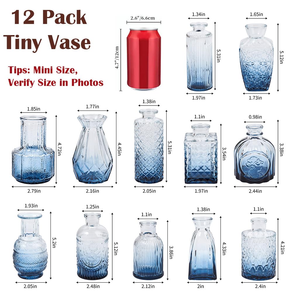 12 Pack Glass Bud Vase Set, Small Flower Vase Set Bud Vases for Wedding Centerpiece Table Decor, Vintage Small Vases for Room Home Dining Party Table Center Decor (Blue Set, 12 Pack) - color: Blue Set, size: 12 Pack