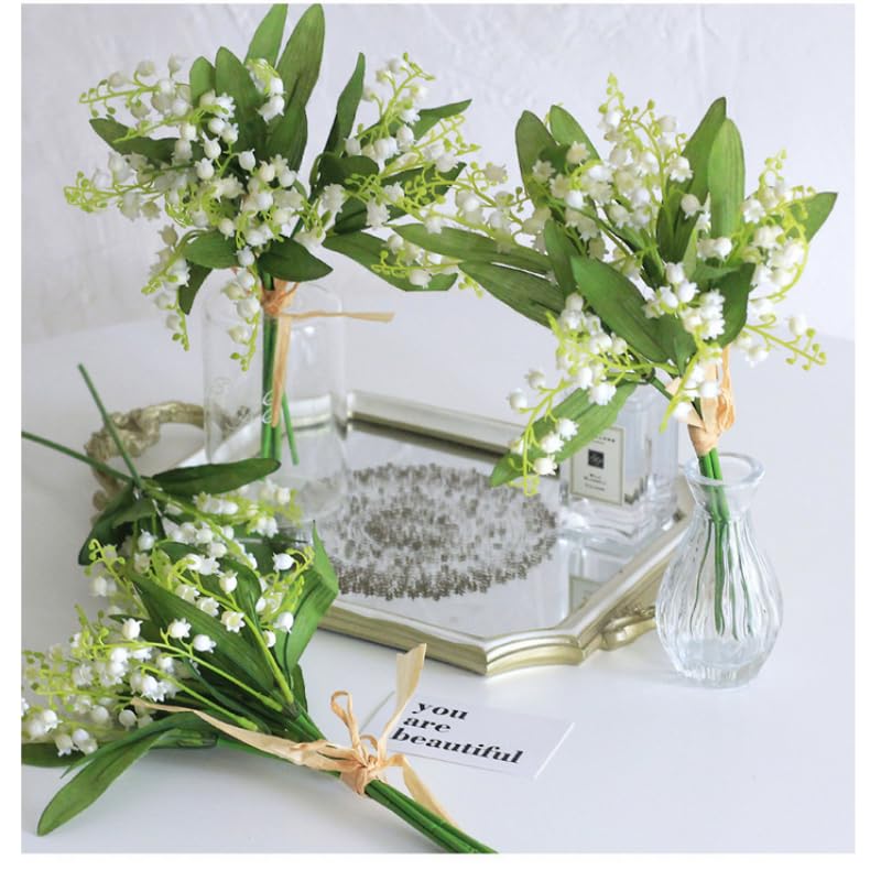 12 Pieces 4 Forks Lily of The Valley Artificial Flowers Bouquet,Plastic Flowers for Outdoors,Fake Flowers with Stem,Home Wedding Party Garden Wreath Table Center Pieces Decor