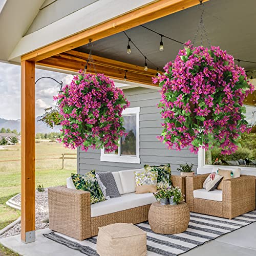 INQCMY Artificial Hanging Flowers in Basket for Spring Summer Outdoor Porch Decoration,UV Resistant Fake Silk Violet in Planter Realistic for Outside Home Patio Balcony Garden Yard Decor - color: Light Purple