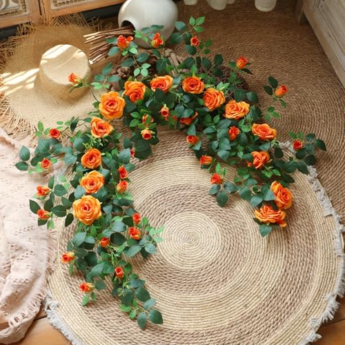 5.9FT Bendable Rose Flower Garlands, Artificial Silk Wild Roses Vine Hanging Flowers for Wall Fireplace Fence Trellis Wedding Baby Shower Home Spring Decor(Orange,2PC) - color: Orange, size: 2