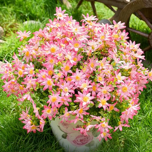 PONKING Artificial Flowers for Outdoors Patio Decoration 12 Bundles Fake Flower Daisy UV Resistant Faux Plants Yard Garden Porch Home Boxwood Planter Patio Mothers Day Decor, Deep Pink Flower - color: D Deep Pink Daisy 12pcs