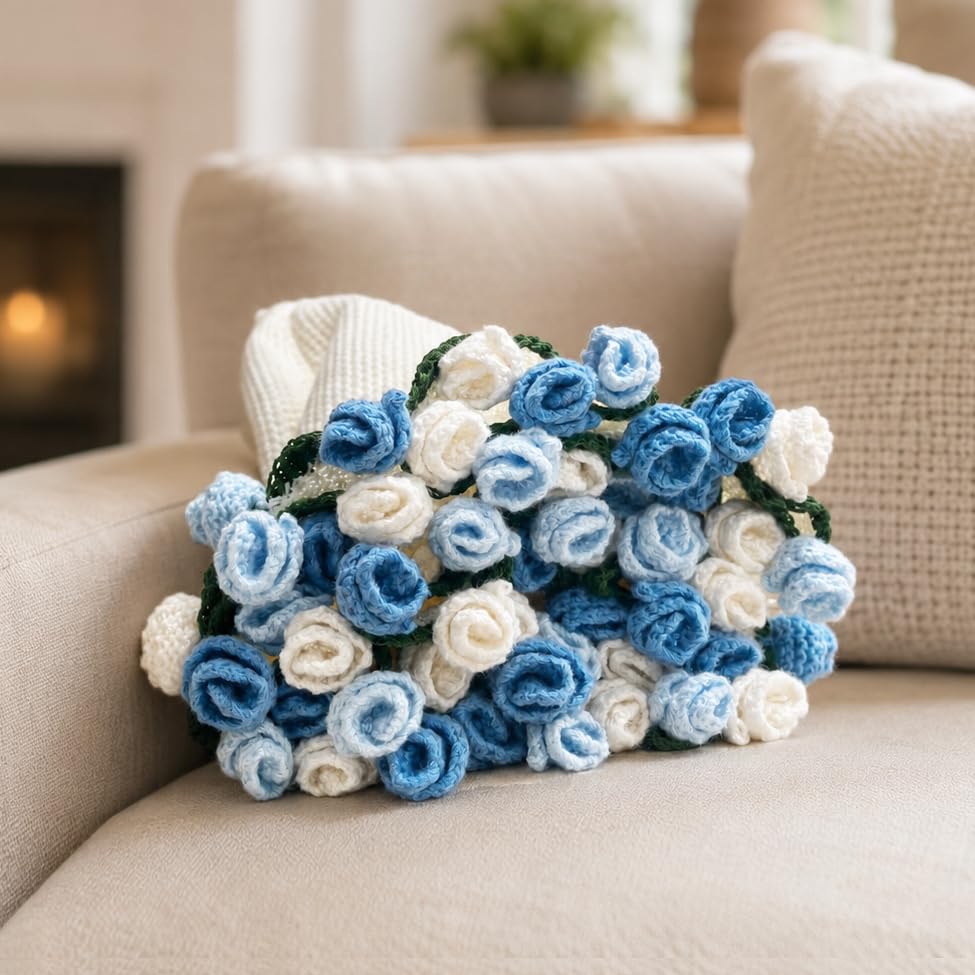Crochet Flower Bouquet Throw Blanket, Cute Romantic Gift for Her Girlfriend Mom Mother’s Day Valentine Wedding Anniversary Birthday (Blue, 32 inches) - color: Blue, size: 32 inches