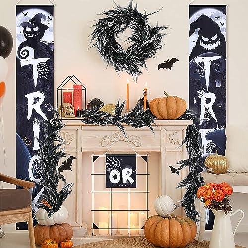 RECUTMS 2pcs Black Garland Artificial Boston Palnts 6 FT Fern Garland Faux Hanging Greenery Halloween Wreath for Outdoor Indoor Halloween Decor (Black White) - color: Black White-fern2pcs
