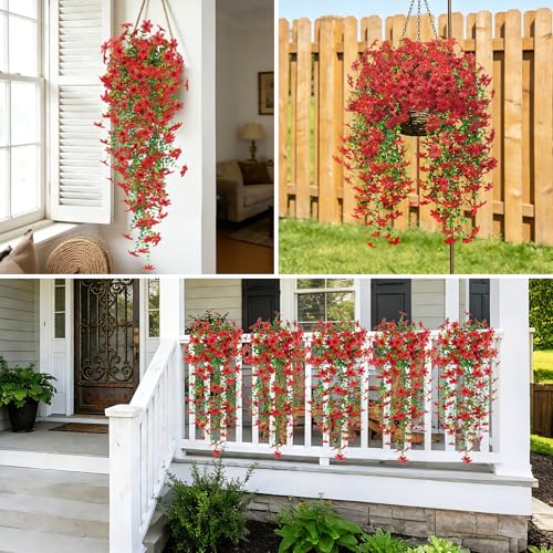 Roberly 4 Pcs Artificial Hanging Flowers for Outdoors, Realistic Faux Silk Flowers UV Resistant Fake Greenery Plants for Spring Summer Garden Porch Indoor Outdoor Home Decor, Red - color: Red