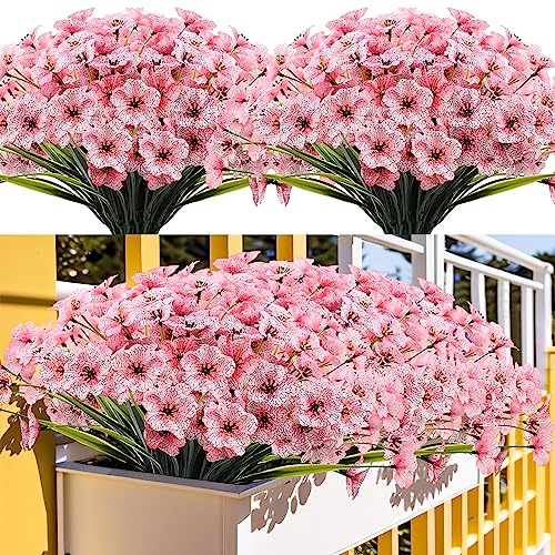 Kinisty 20 Bundles Outdoor Artificial Flowers UV Resistant with Pink Faux Silk Flowers and No Fade Fake Plastic Plants for Spring Summer Outside Planters Porch Window Box Garden Decor - color: Pink