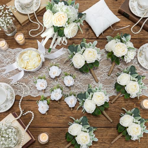 Giegxin 16 Pcs Ivory Rose Wedding Artificial Flowers Package, Bridal Bouquet, 6 Bridesmaid Bouquets, 6 Boutonniere for Men, Rose Petals for Wedding Ceremony Anniversary, Rustic Marriage Proposal