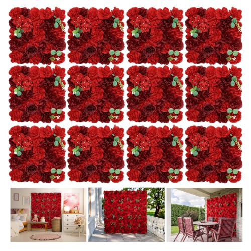 Red Flower Wall Backdrop 12 Piece of 16.5x16.5 Inch Artificial Floral Wall Panel Silk Rose Wall Decor Ideal for Wedding Celebrations, Festive Party Backdrops, and Home Decor - color: Red